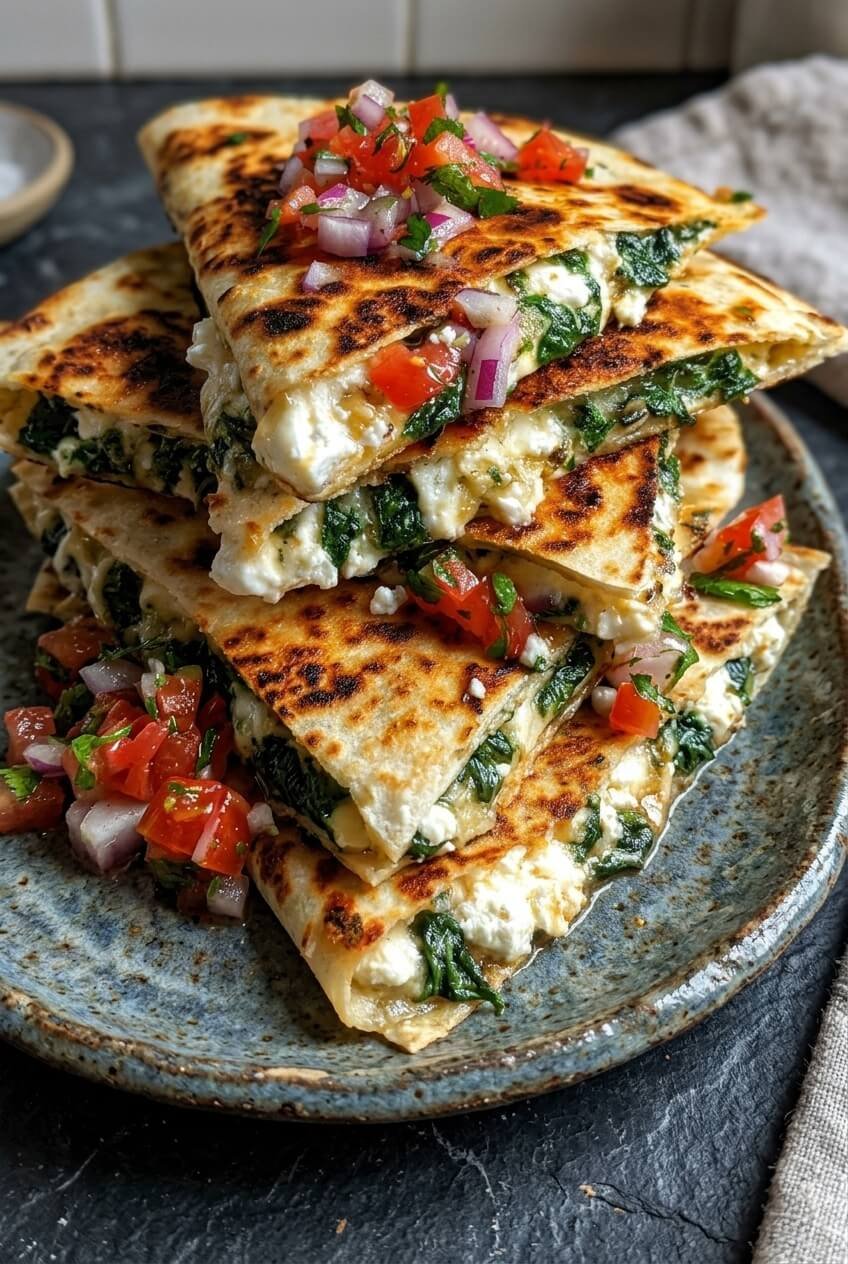 mediterranean quesadillas recipe - Mediterranean Quesadillas served in a white bowl overhead view