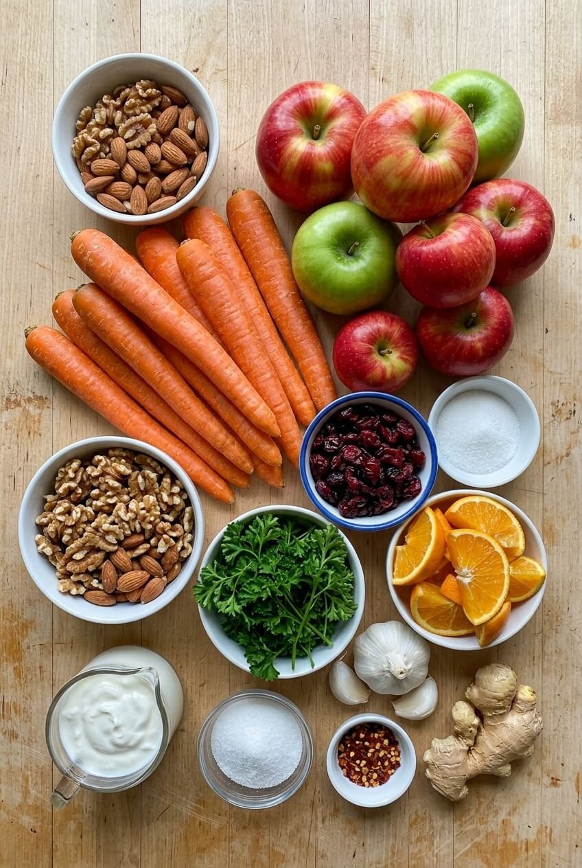 ingredients for Crunchy Apple Carrot Salad with Creamy Citrus Dressing