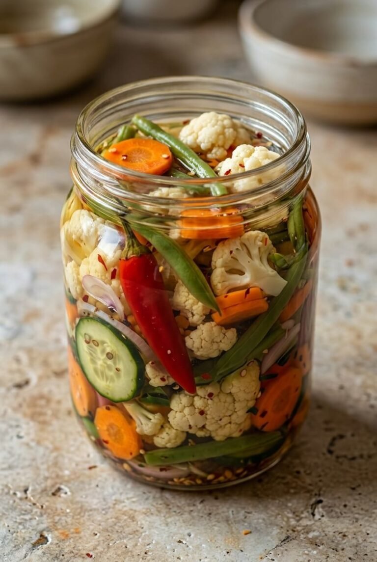crunchy tangy refrigerator pickled vegetables recipe - Crunchy Tangy Refrigerator Pickled Vegetables served in a white bowl overhead view