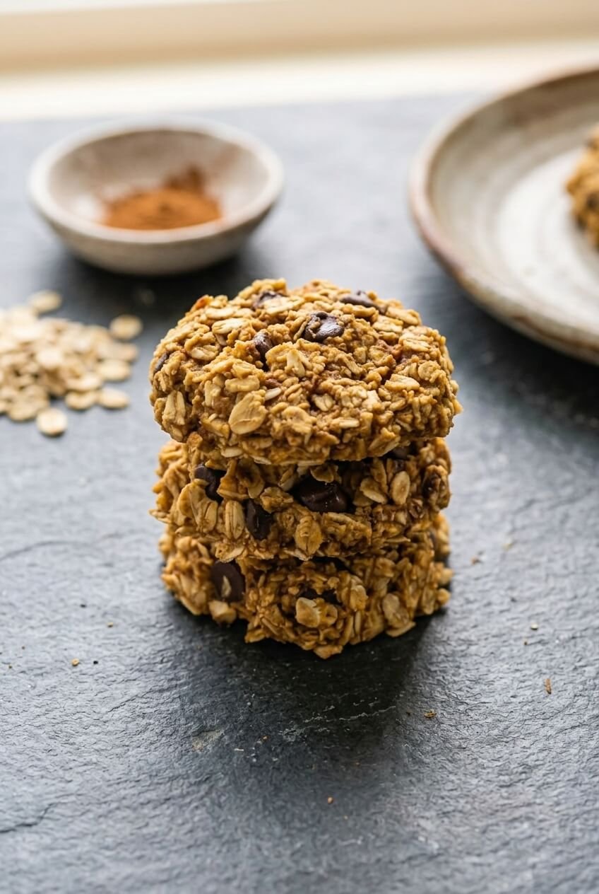 3-ingredient healthy pumpkin oat cookies recipe - 3-ingredient healthy pumpkin oat cookies served in a white bowl overhead view