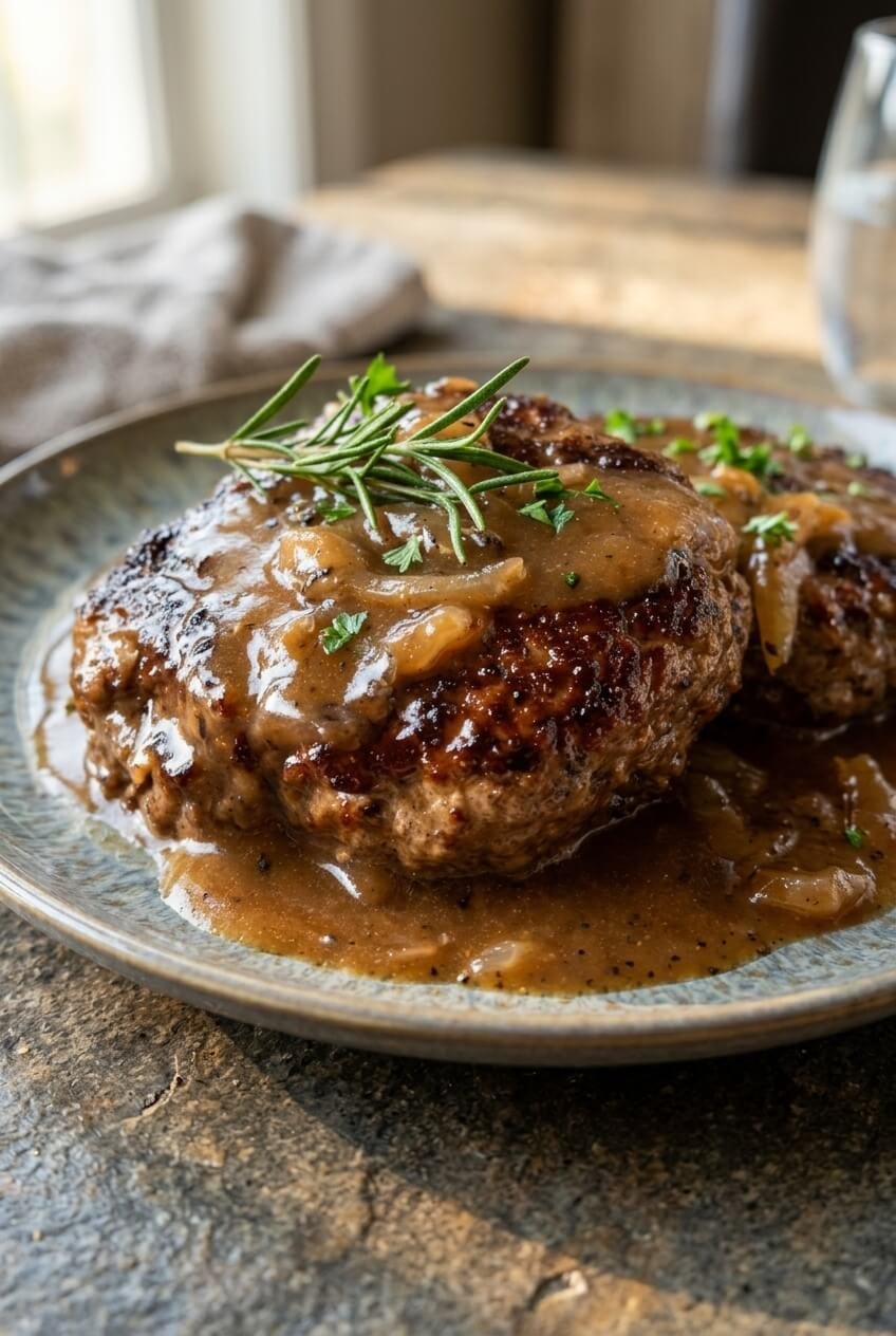 hamburger steak and brown gravy recipe - Hamburger Steak and Brown Gravy served in a white bowl overhead view