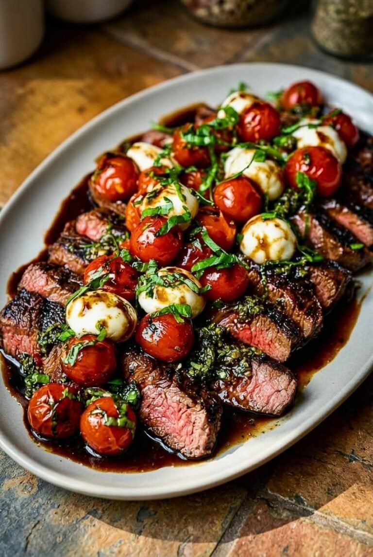 grilled flank steak caprese with balsamic dressing recipe - Grilled Flank Steak Caprese with Balsamic Dressing served in a white bowl overhead view