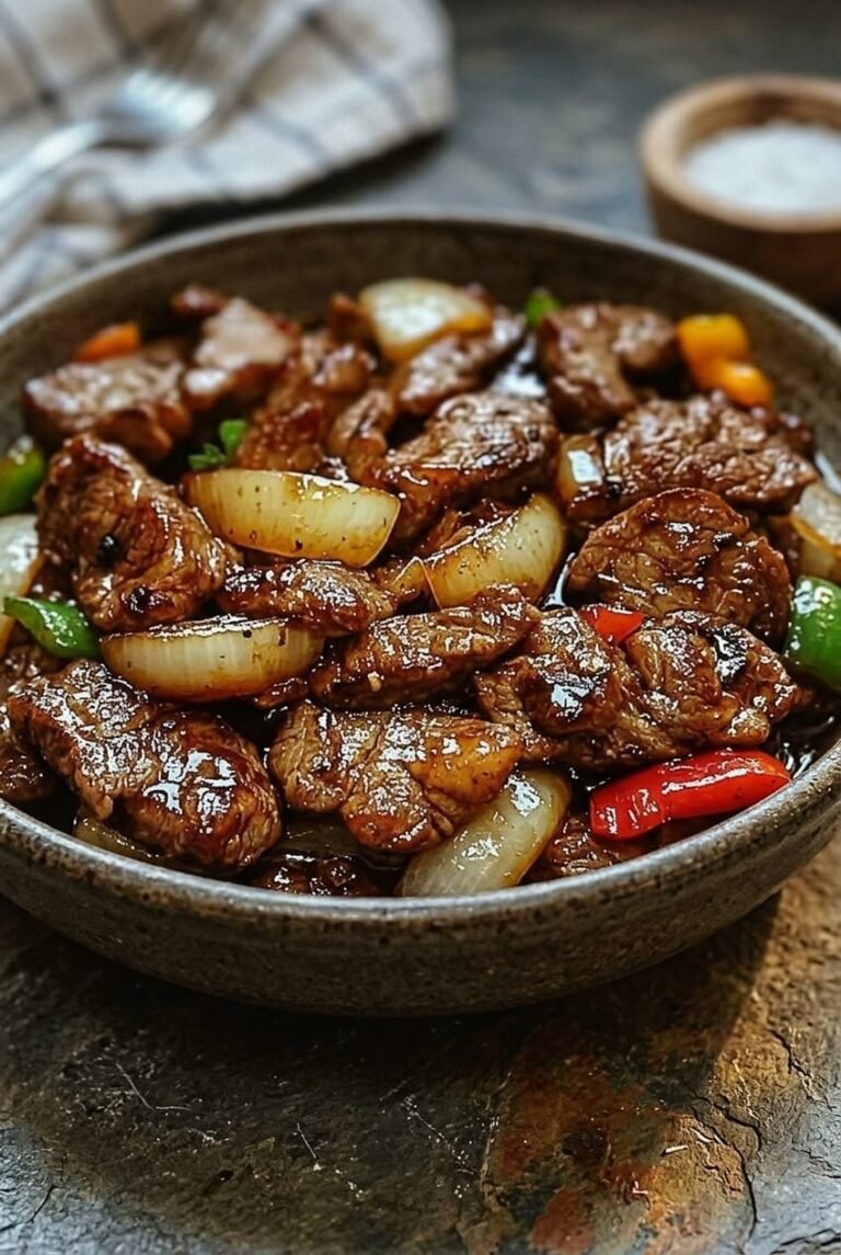 pepper steak with onions recipe - Pepper Steak with Onions served in a white bowl overhead view