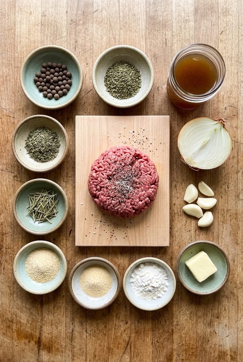 ingredients for Hamburger Steak and Brown Gravy