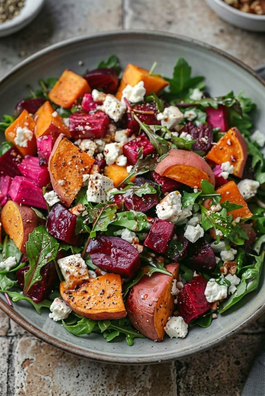 Creamy Roasted Beet Salad with Sweet Potato & Feta