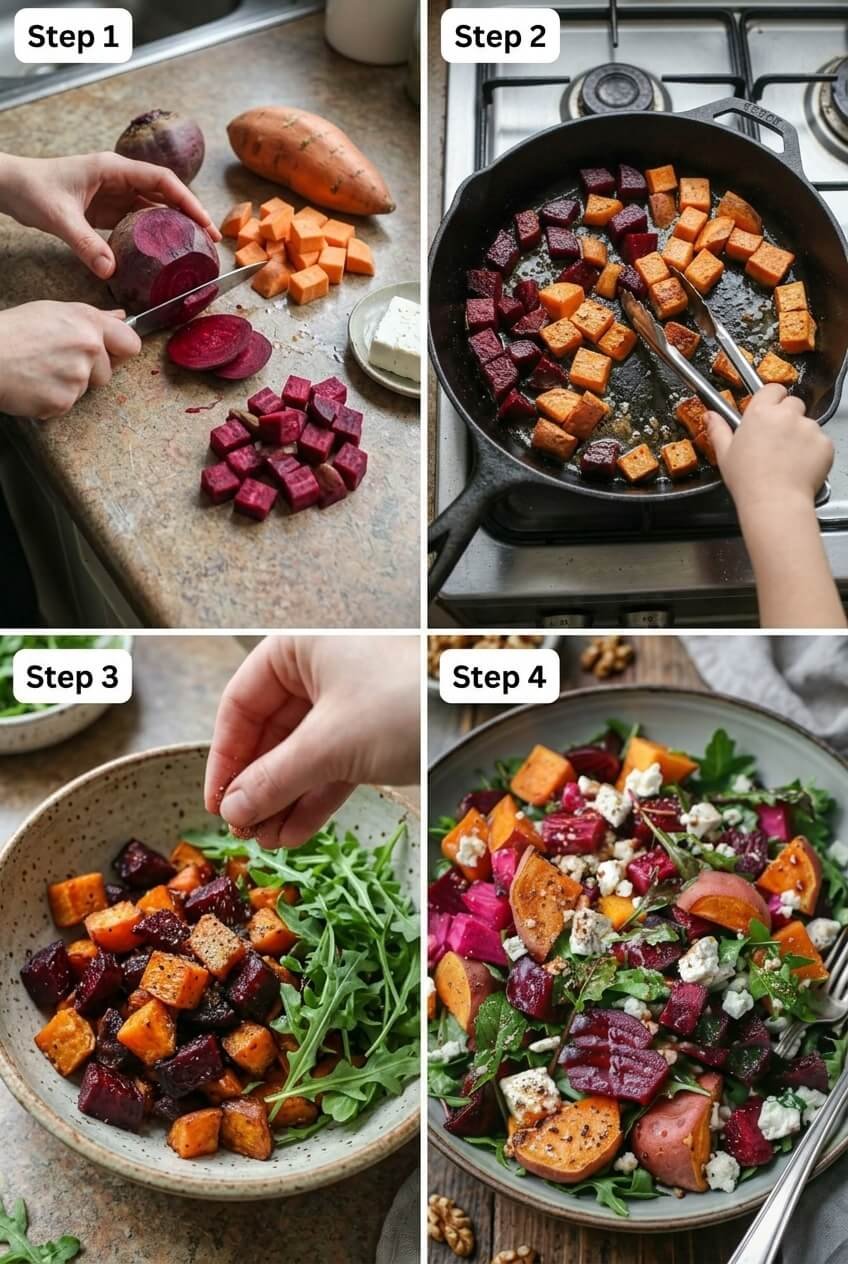 cooking Creamy Roasted Beet Salad with Sweet Potato & Feta step by step
