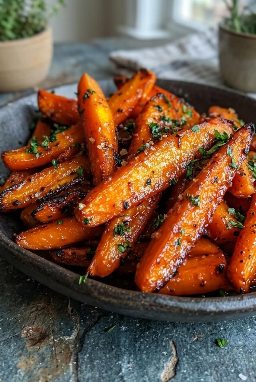 honey garlic butter roasted carrots recipe - Honey Garlic Butter Roasted Carrots served in a white bowl overhead view