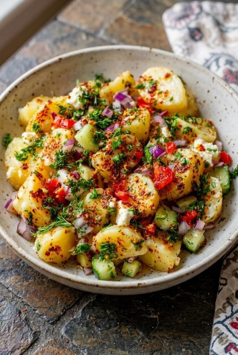 turkish potato salad recipe - Turkish Potato Salad served in a white bowl overhead view
