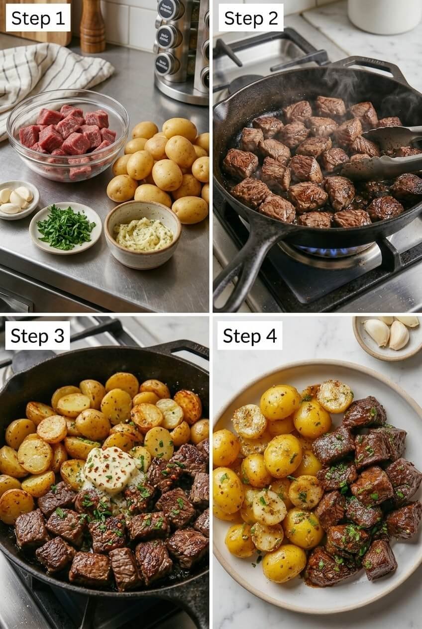 cooking Irresistible Garlic Butter Steak Bites & Potatoes step by step