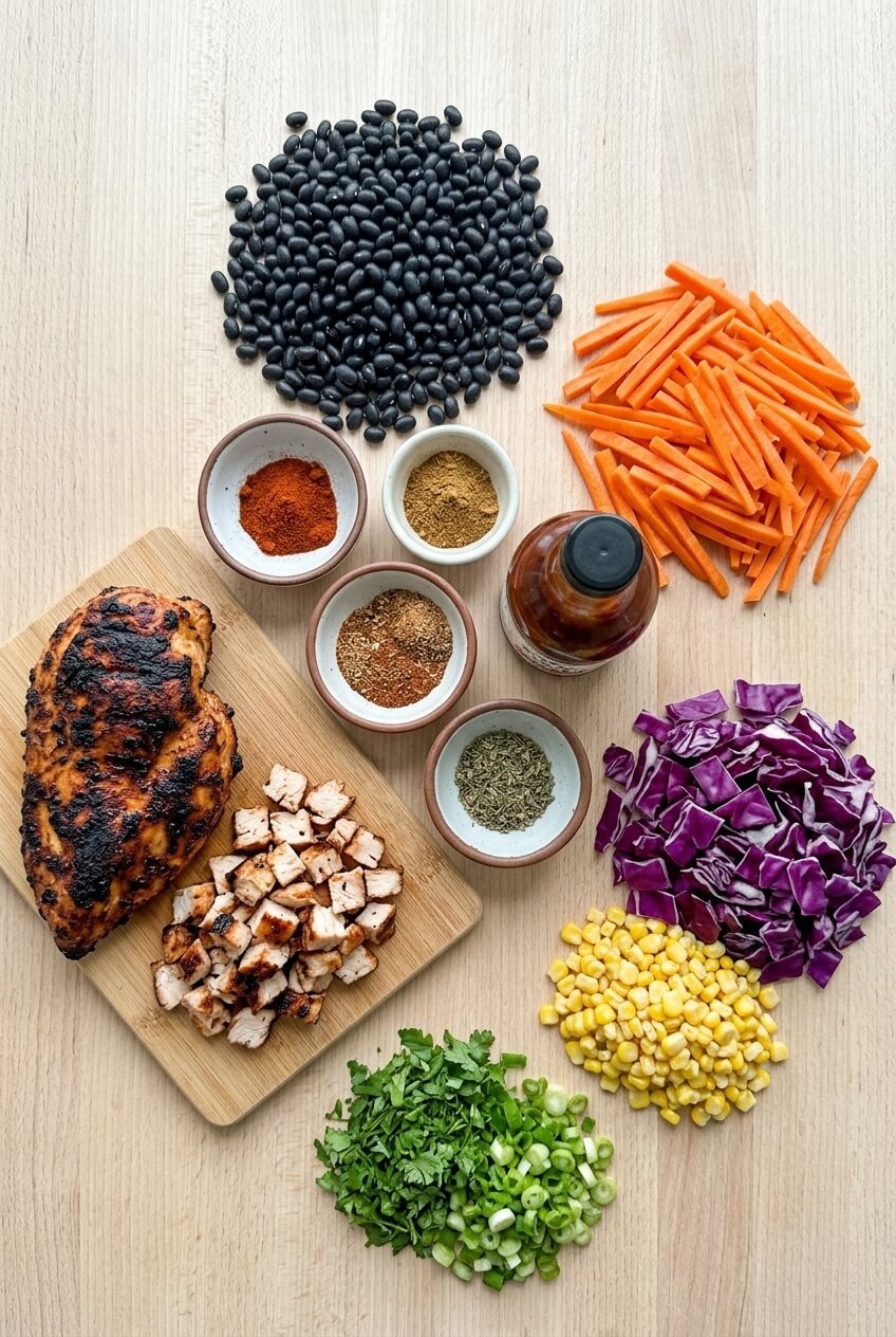 ingredients for BBQ Chicken Dense Bean Salad