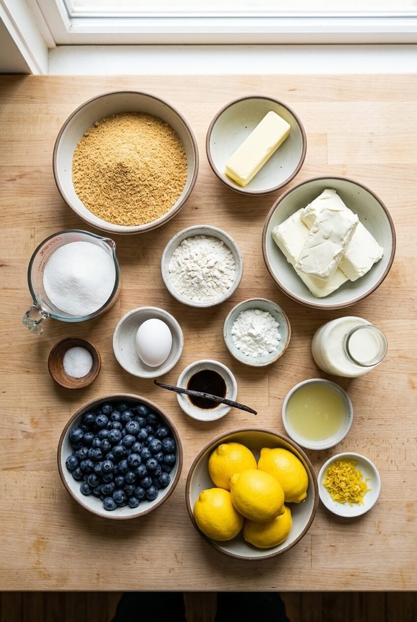 ingredients for Mini Lemon Blueberry Cheesecakes