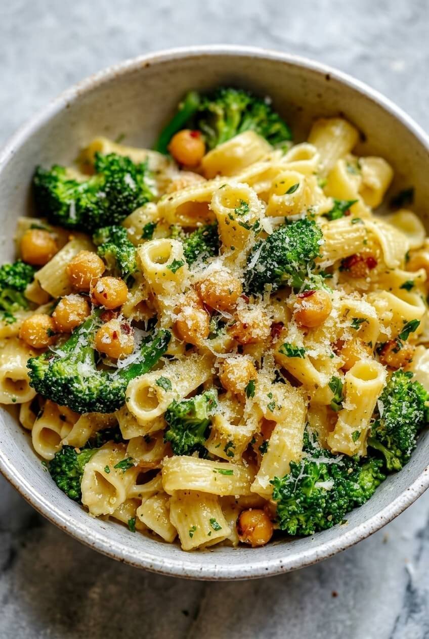 broccoli chickpea pasta with garlic olive oil recipe - Broccoli Chickpea Pasta with Garlic Olive Oil served in a white bowl overhead view