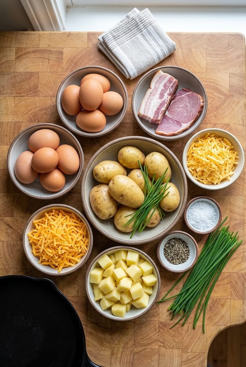 ingredients for Cheesy Potato Egg Scramble