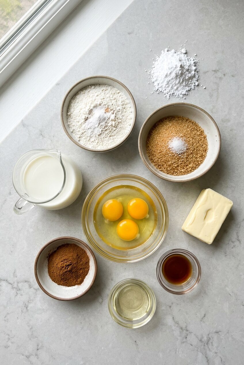 ingredients for Fluffy Cinnamon Roll Pancakes