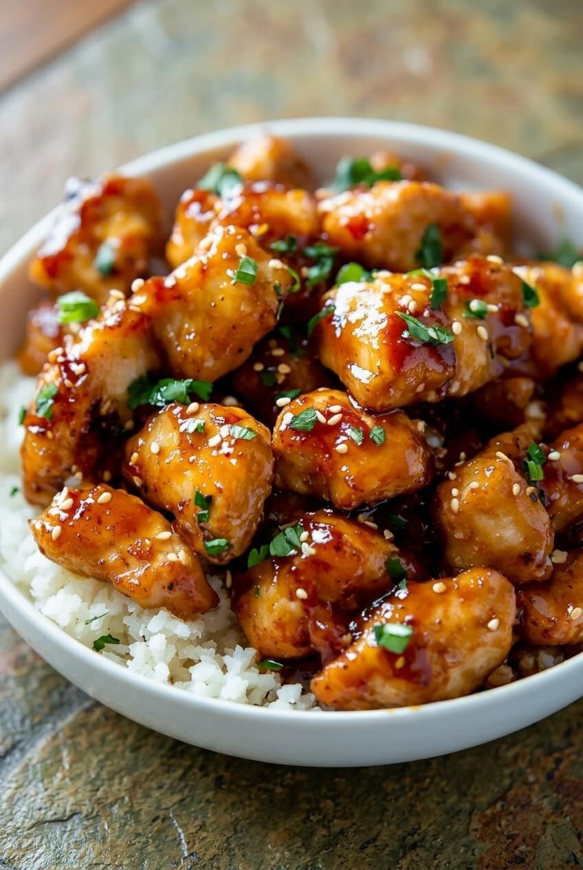 simple honey garlic chicken recipe - Simple Honey Garlic Chicken Recipe served in a white bowl overhead view