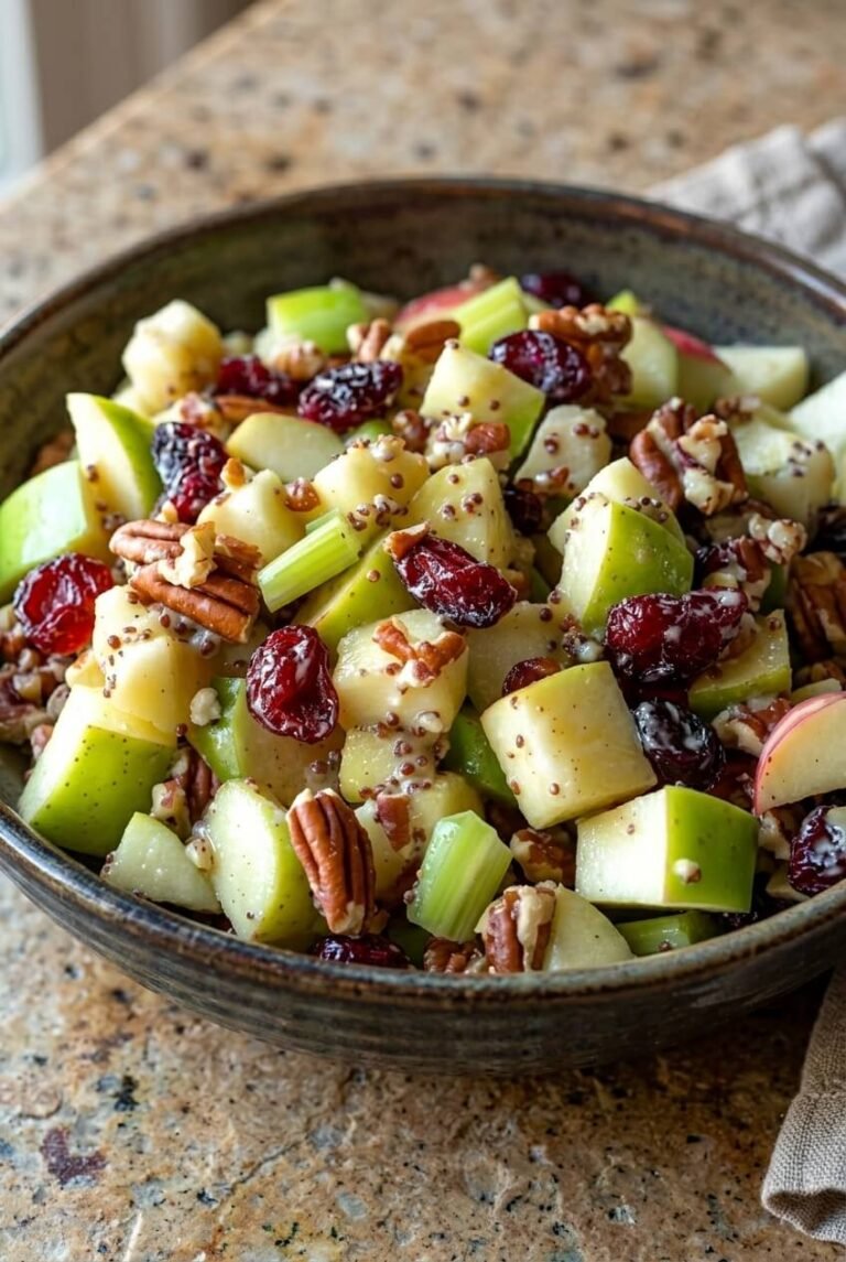 crunchy apple salad in 10 mins recipe - Crunchy Apple Salad in 10 Mins served in a white bowl overhead view
