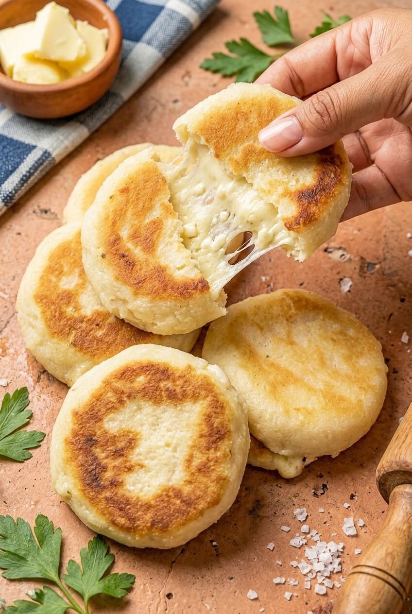 cheesy arepas con queso recipe - Cheesy Arepas Con Queso served in a white bowl overhead view