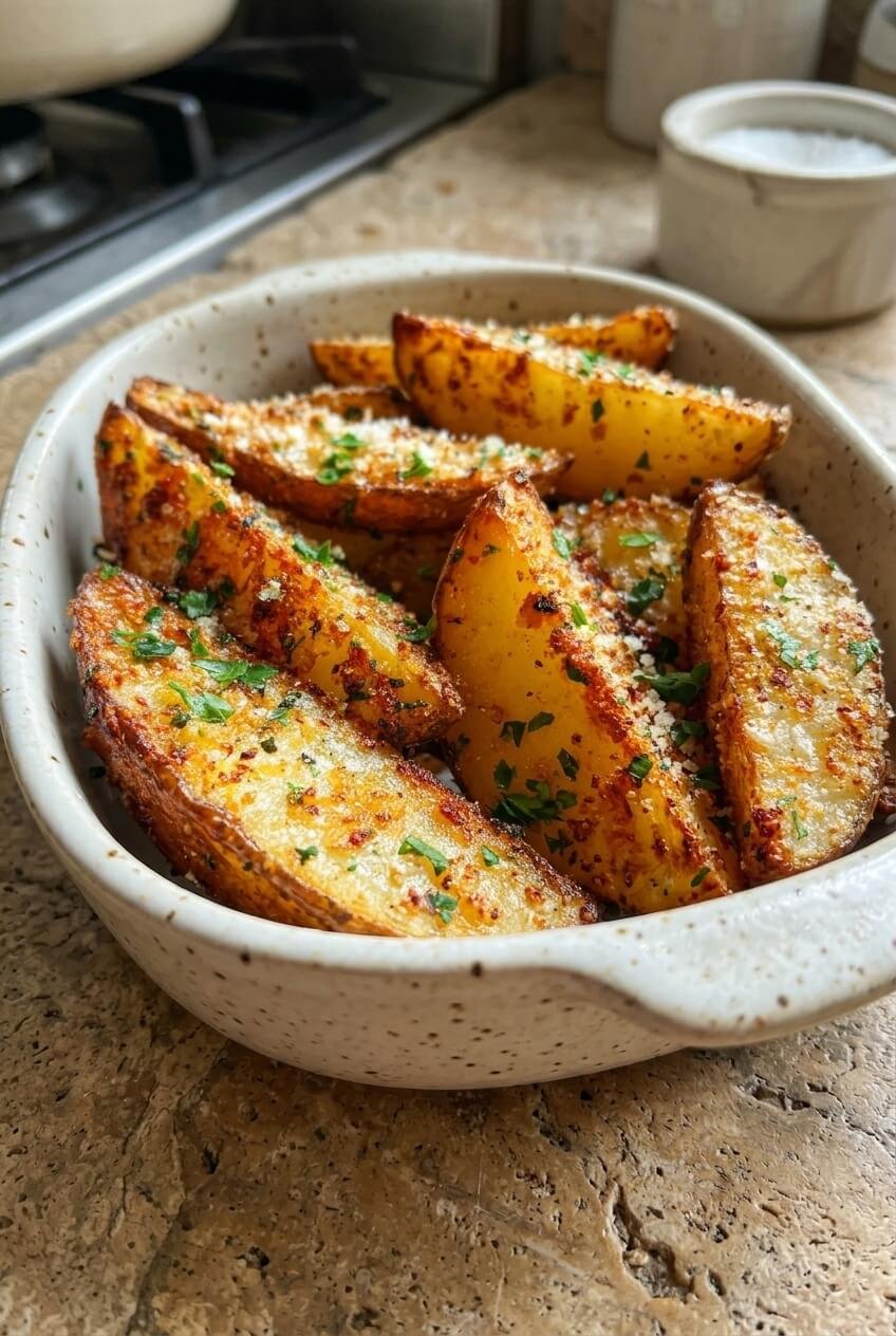 garlic parmesan potato wedges recipe - Garlic Parmesan Potato Wedges served in a white bowl overhead view