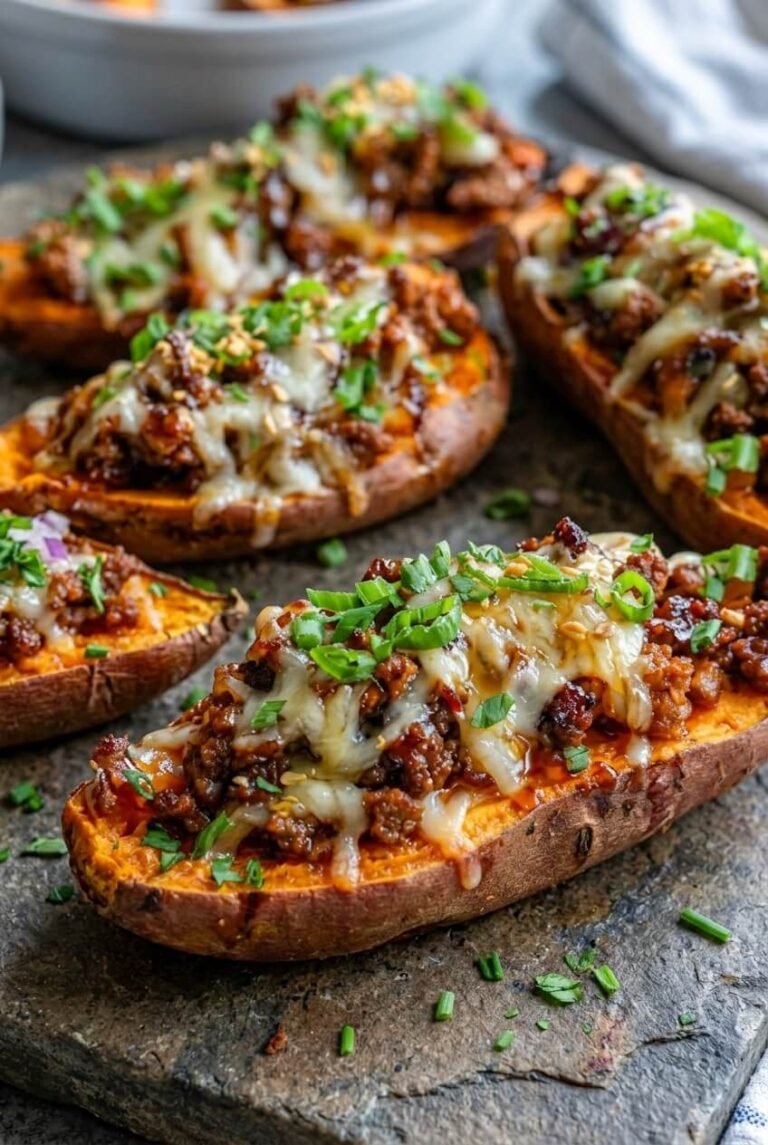 hot honey ground beef & sweet potato boats recipe - Hot Honey Ground Beef & Sweet Potato Boats served in a white bowl overhead view