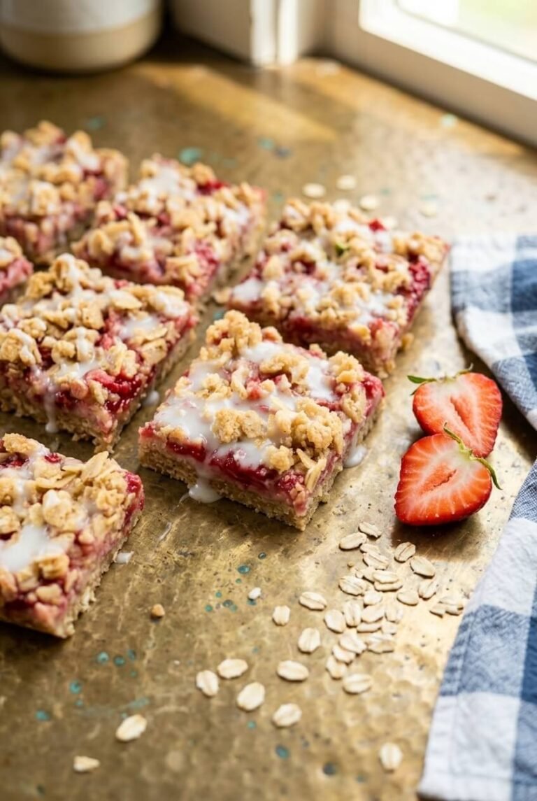 healthy strawberry oatmeal bars recipe - Healthy Strawberry Oatmeal Bars served in a white bowl overhead view