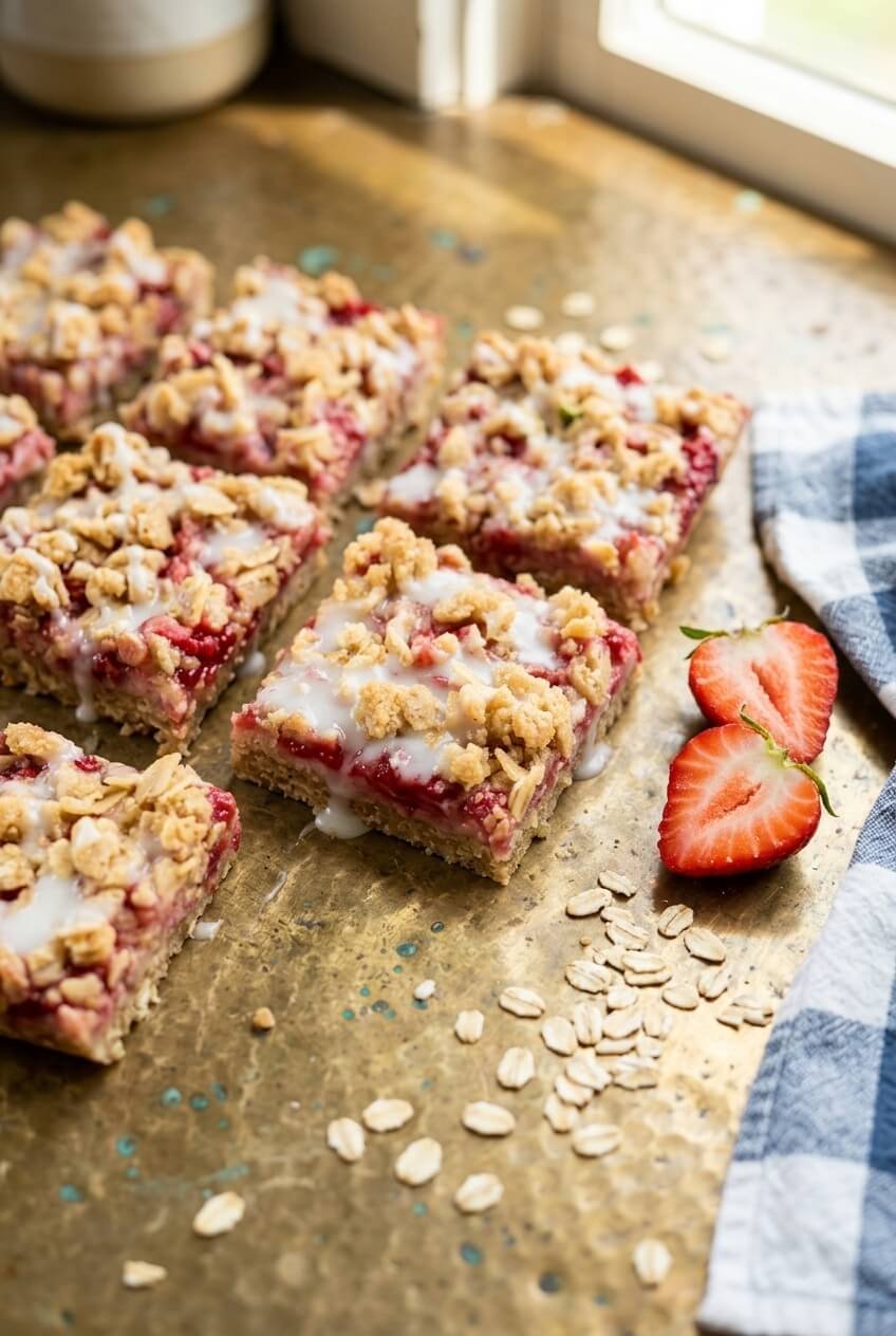 healthy strawberry oatmeal bars recipe - Healthy Strawberry Oatmeal Bars served in a white bowl overhead view