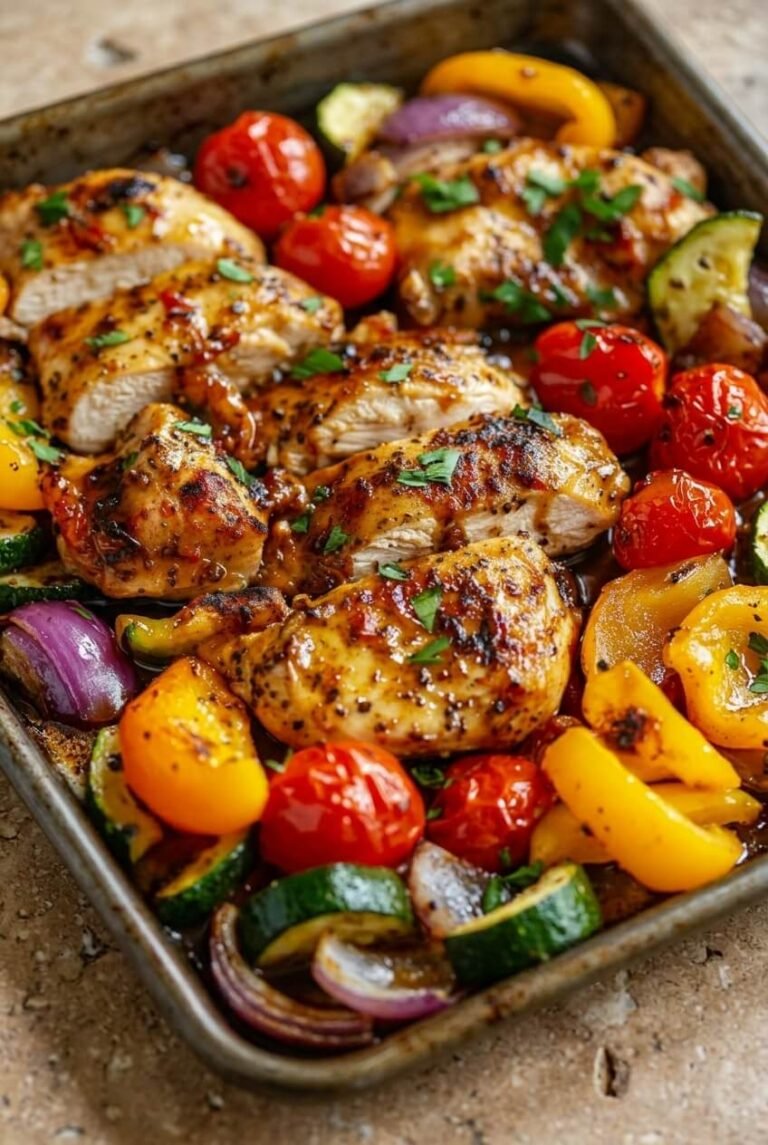 balsamic glazed chicken & veggies recipe - Balsamic Glazed Chicken & Veggies served in a white bowl overhead view