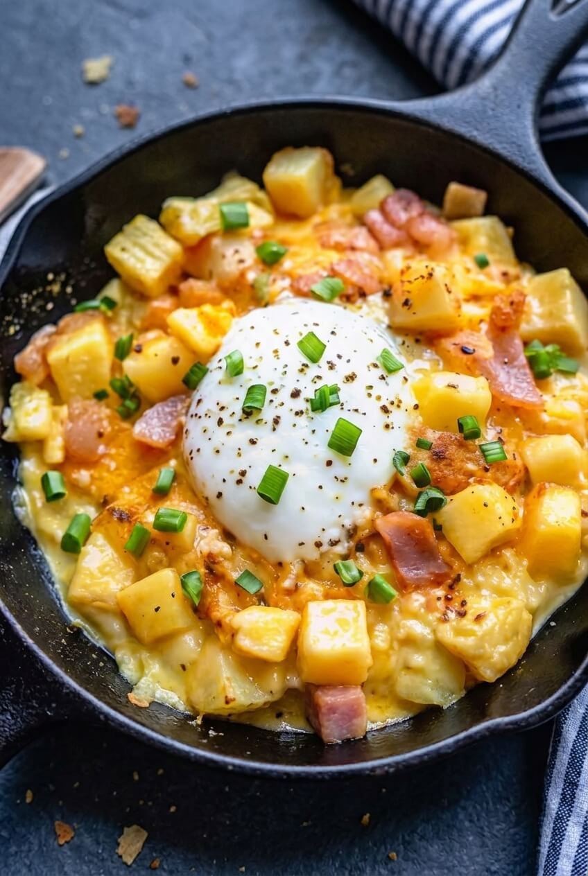 cheesy potato egg scramble recipe - Cheesy Potato Egg Scramble served in a white bowl overhead view