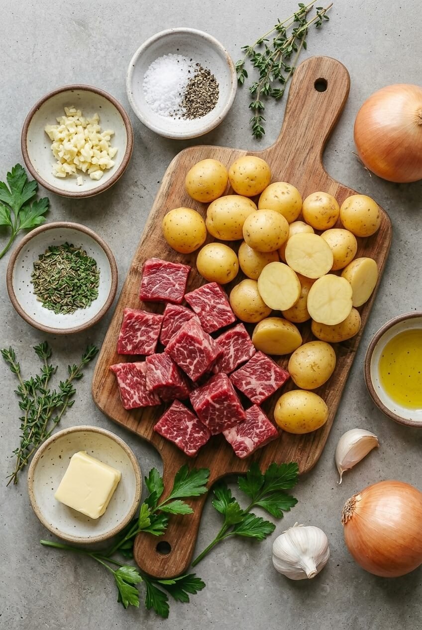 ingredients for Irresistible Garlic Butter Steak Bites & Potatoes