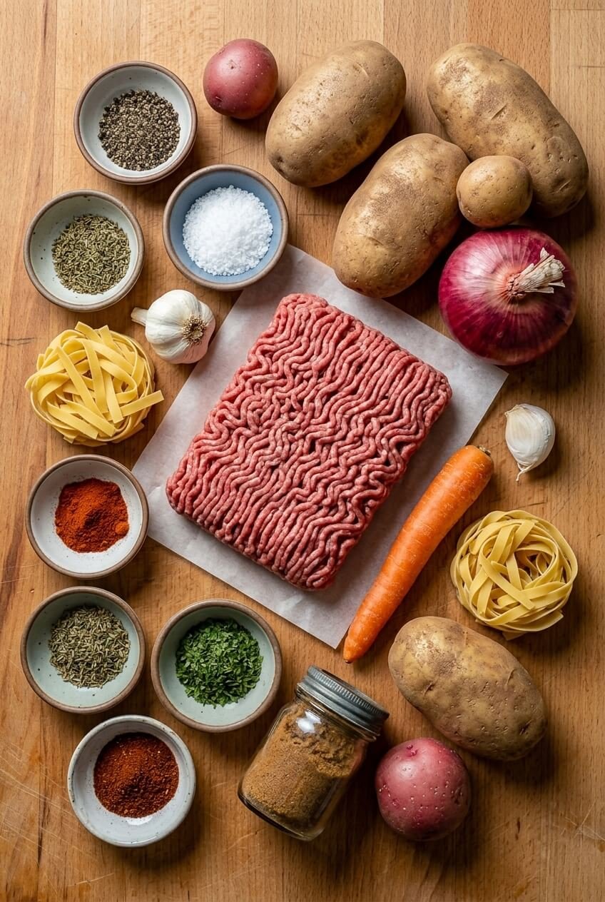 ingredients for The Best Hobo Casserole Ground Beef