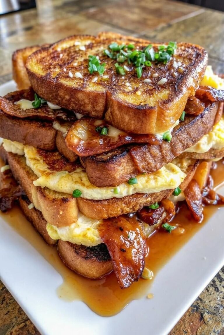 bourbon maple bacon stuffed toast recipe - Bourbon Maple Bacon Stuffed Toast served in a white bowl overhead view