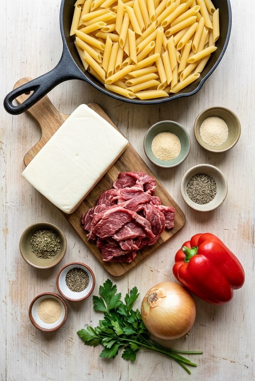 ingredients for Delicious Philly Cheese Steak Pasta