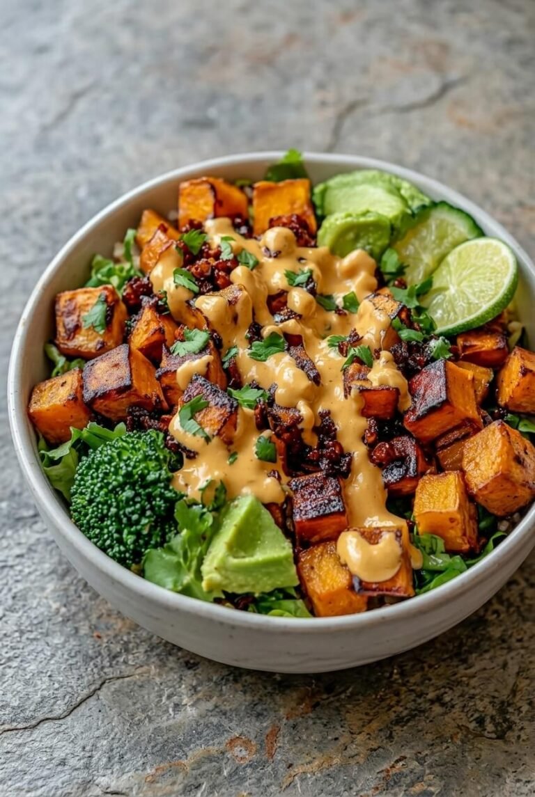 thai peanut sweet potato buddha bowl recipe - Thai Peanut Sweet Potato Buddha Bowl served in a white bowl overhead view