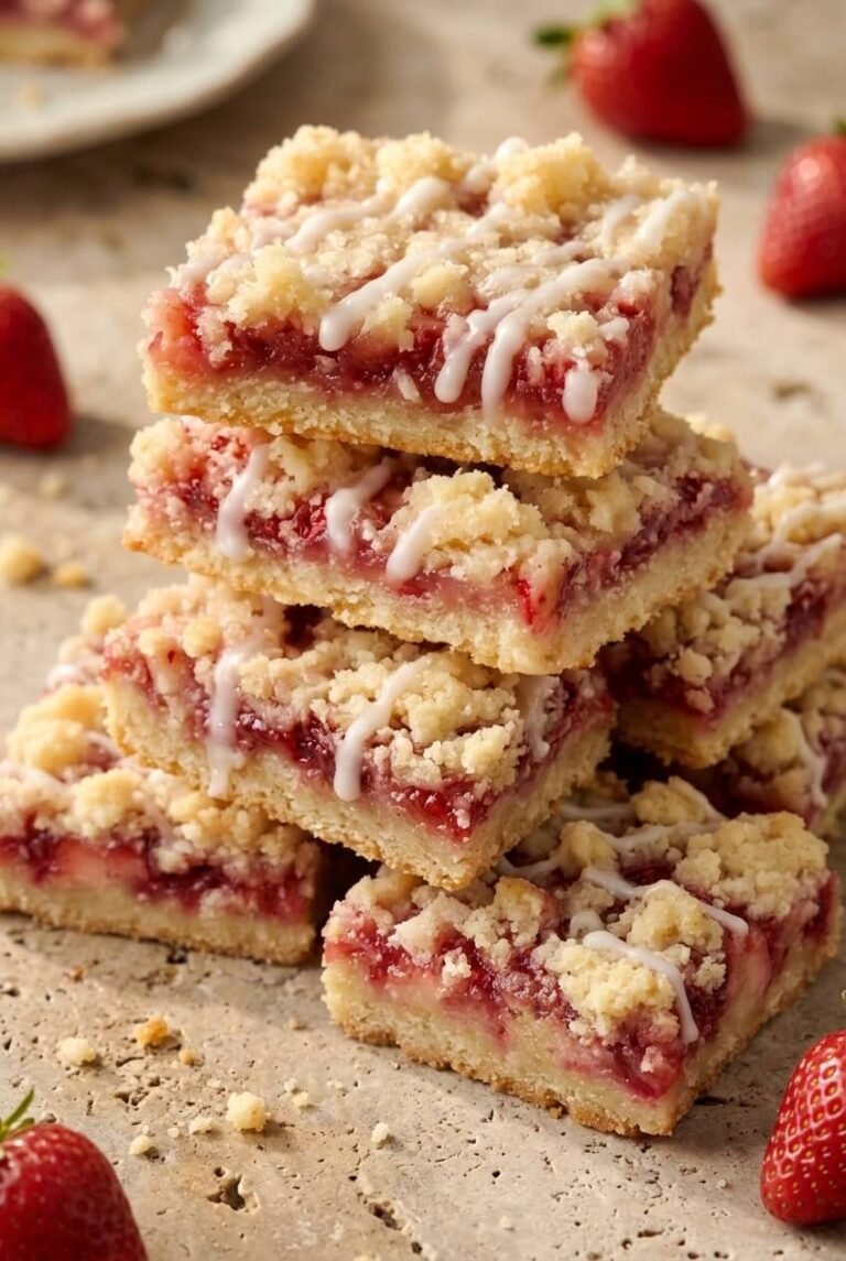 strawberry shortcake bars recipe - Strawberry Shortcake Bars served in a white bowl overhead view