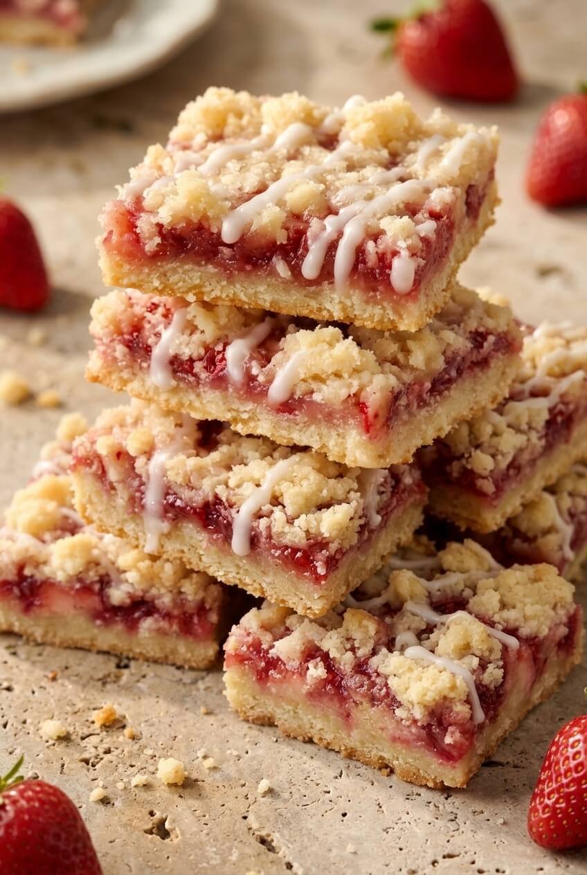 strawberry shortcake bars recipe - Strawberry Shortcake Bars served in a white bowl overhead view