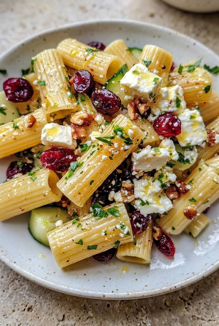 feta & cranberry rigatoni salad with lemon vinaigrette recipe - Feta & Cranberry Rigatoni Salad with Lemon Vinaigrette served in a white bowl overhead view