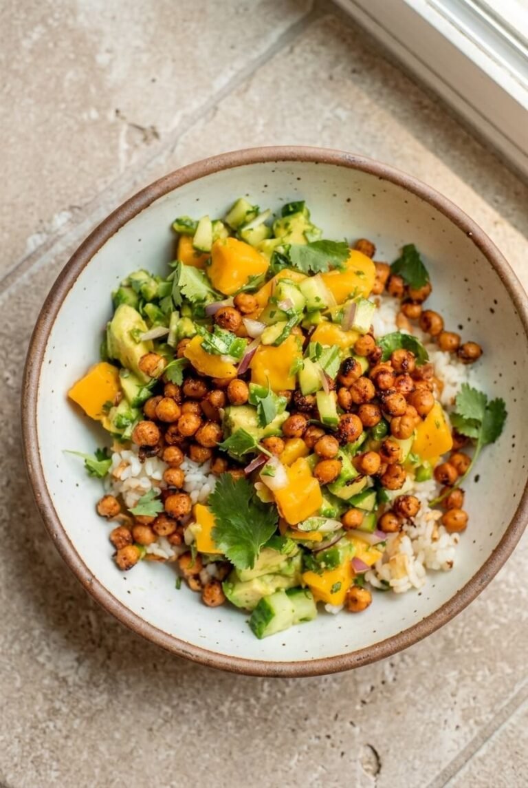mango chickpea rice bowl recipe - Mango Chickpea Rice Bowl served in a white bowl overhead view