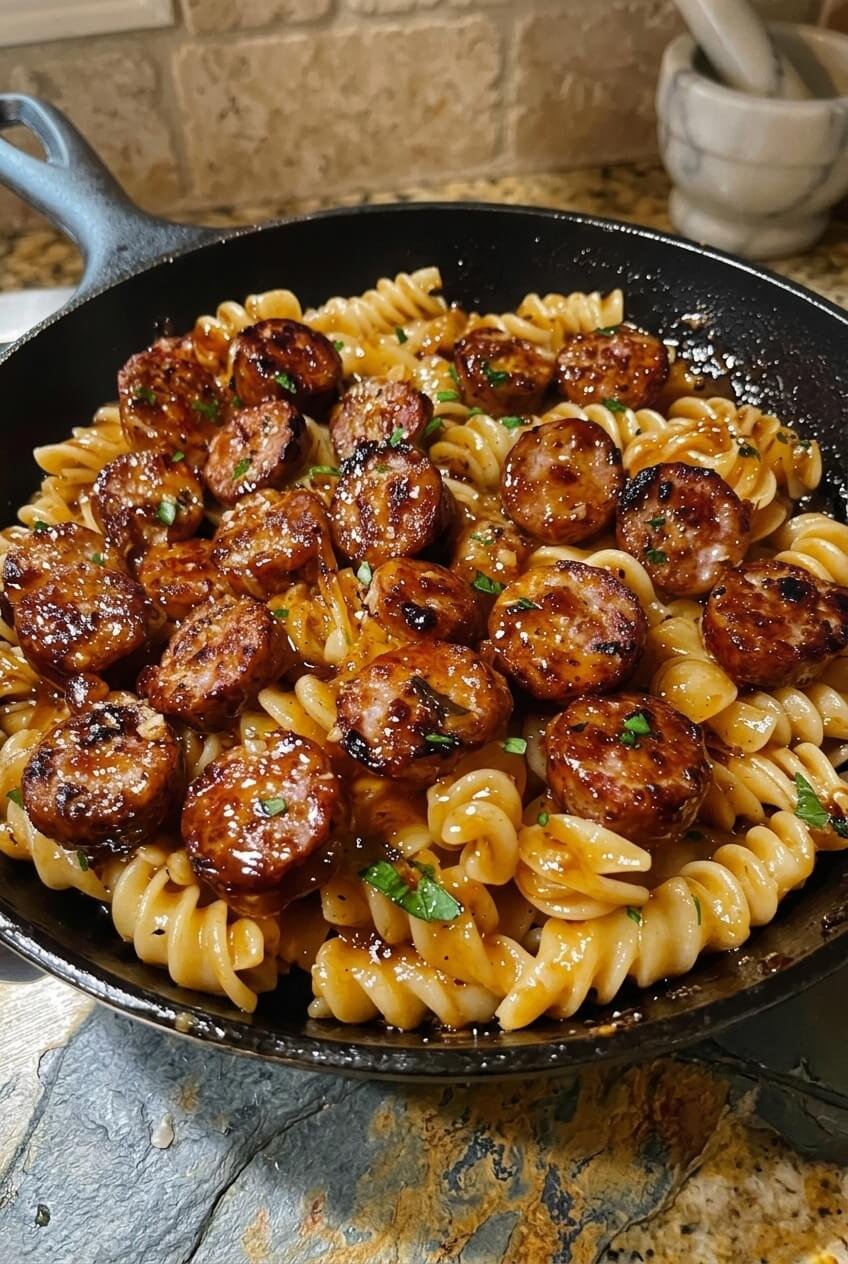 sticky honey garlic sausage pasta skillet recipe - Sticky Honey Garlic Sausage Pasta Skillet served in a white bowl overhead view