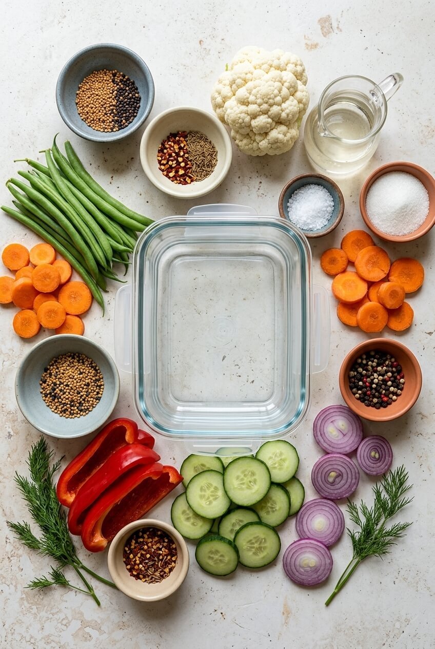 ingredients for Crunchy Tangy Refrigerator Pickled Vegetables