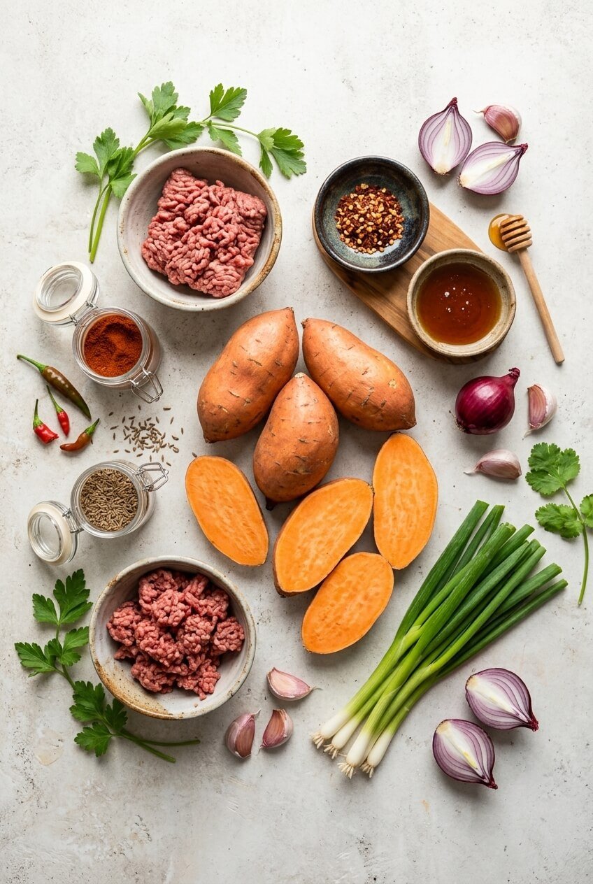 ingredients for Hot Honey Ground Beef & Sweet Potato Boats