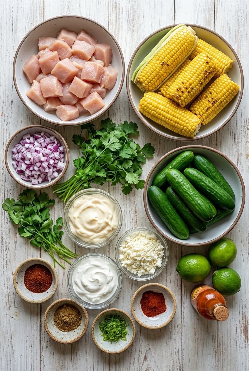 ingredients for Street Corn Creamy Cucumber Chicken Salad