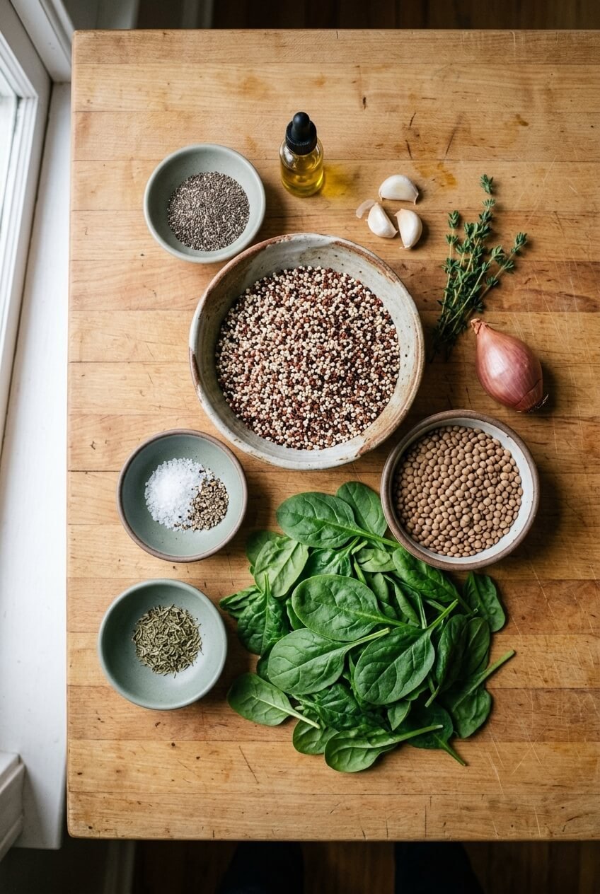 ingredients for Quinoa Lentil Spinach Bake