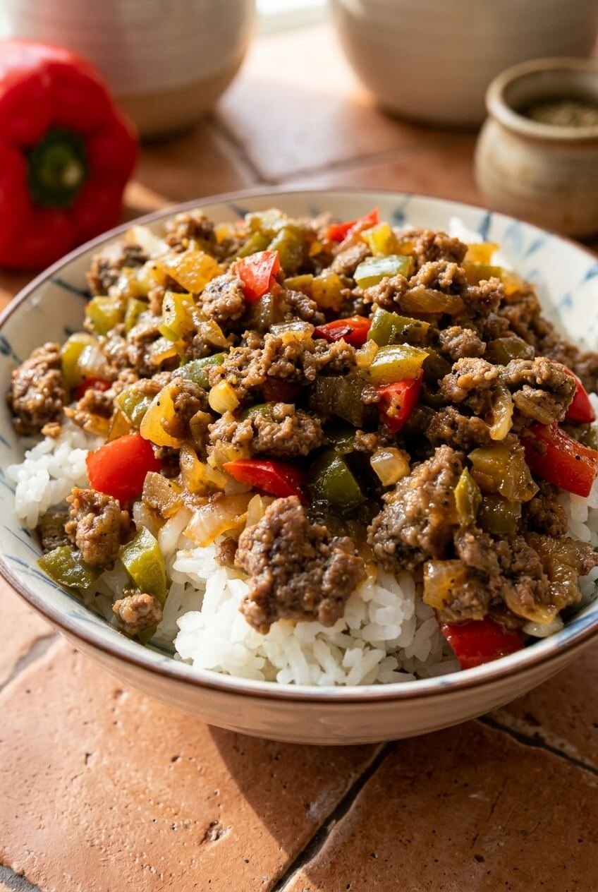 beef & pepper rice bowls recipe - Beef & Pepper Rice Bowls served in a white bowl overhead view