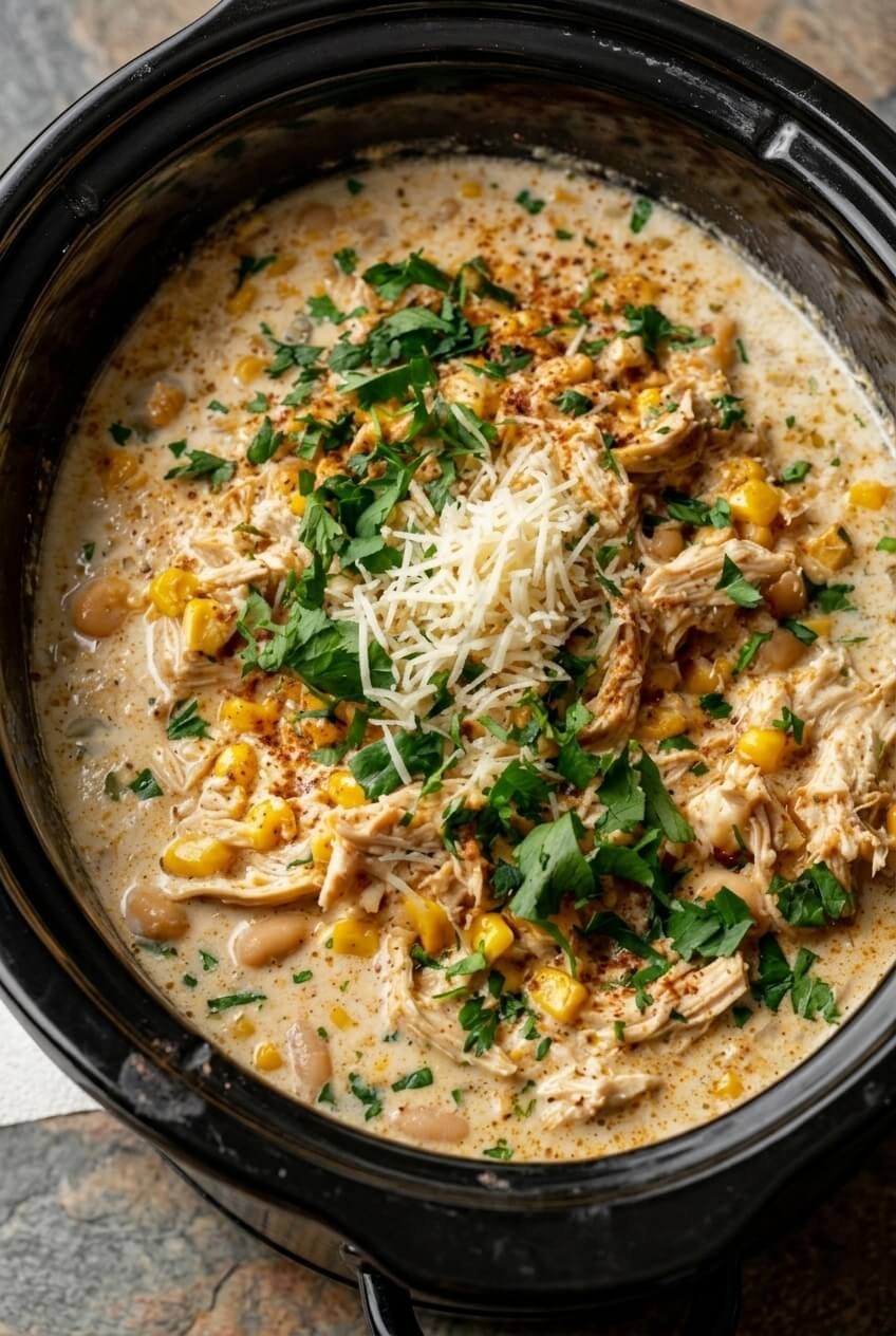 10 high-protein slow cooker dinners recipe - 10 High-Protein Slow Cooker Dinners served in a white bowl overhead view