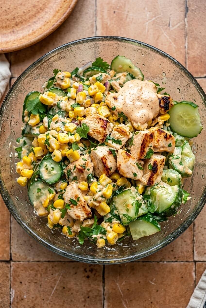 street corn creamy cucumber chicken salad recipe - Street Corn Creamy Cucumber Chicken Salad served in a white bowl overhead view