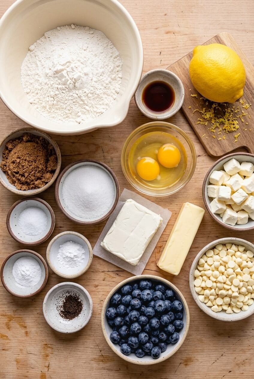 ingredients for Lemon Blueberry Cheesecake Cookies