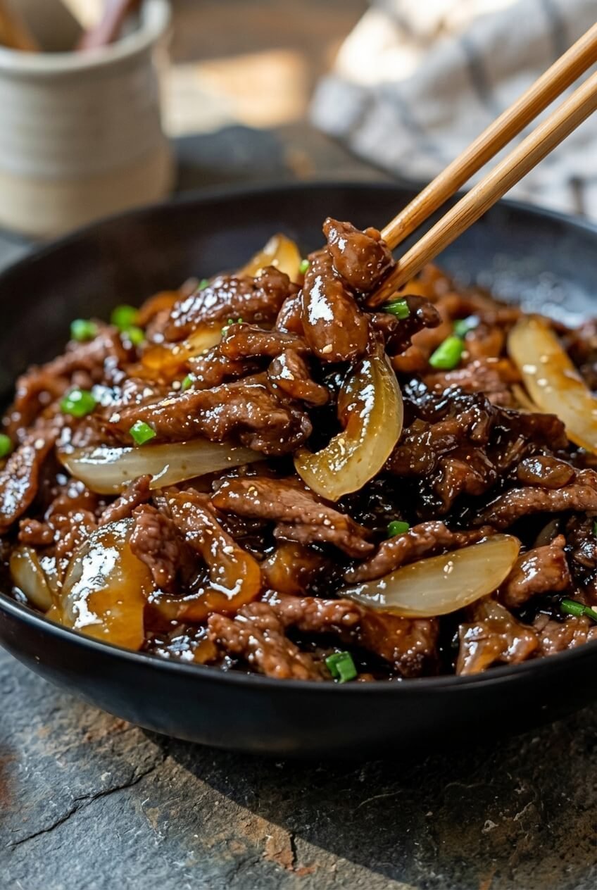 bœuf sauté aux oignons recipe - Bœuf Sauté aux Oignons served in a white bowl overhead view