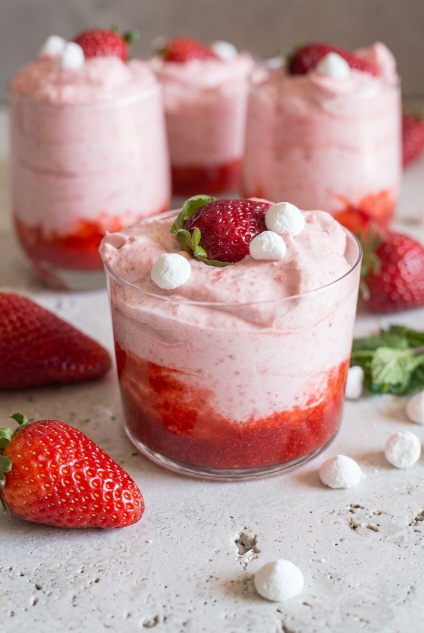 the best fresh strawberry mousse recipe - The Best Fresh Strawberry Mousse served in a white bowl overhead view