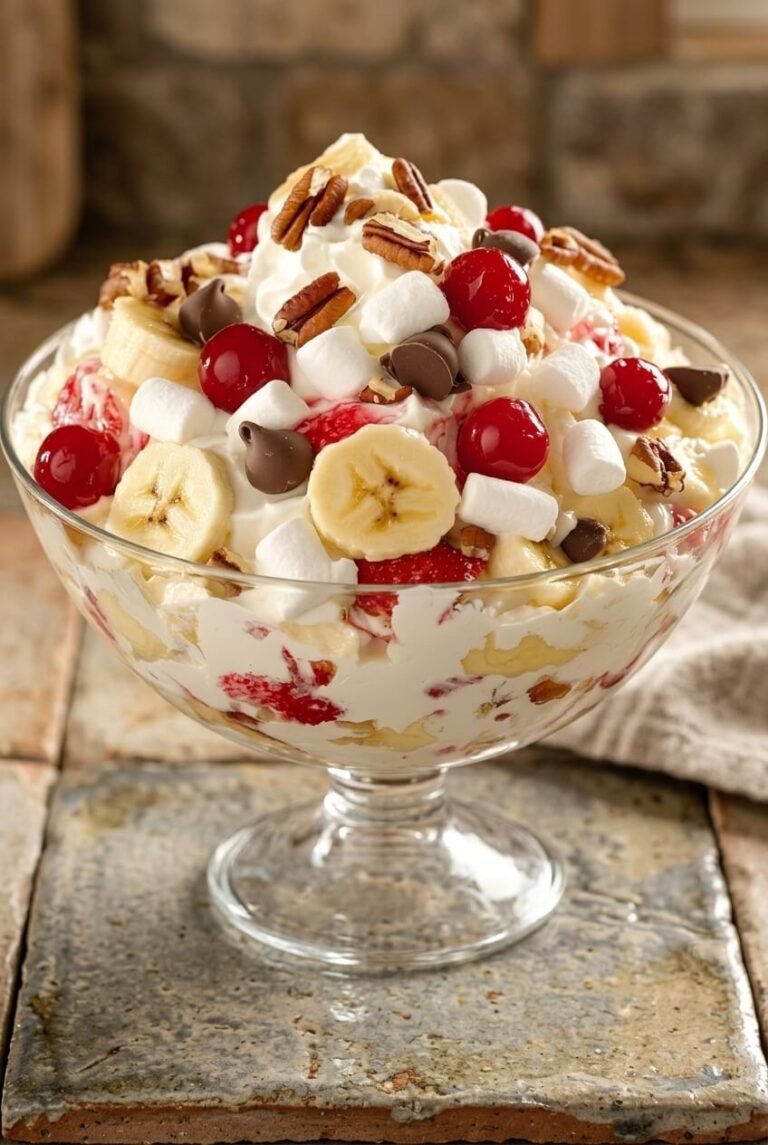 banana split fluff salad recipe - Banana Split Fluff Salad Recipe served in a white bowl overhead view