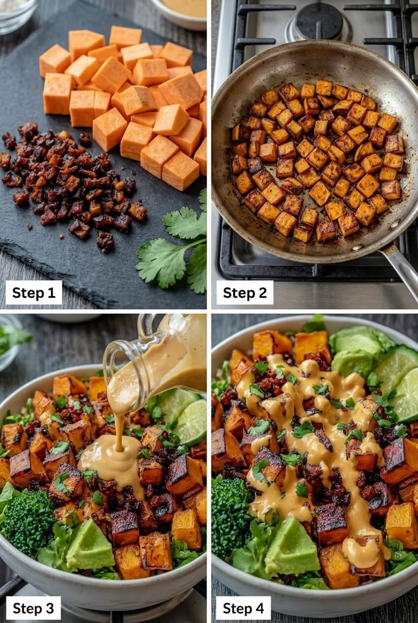 cooking Thai Peanut Sweet Potato Buddha Bowl step by step
