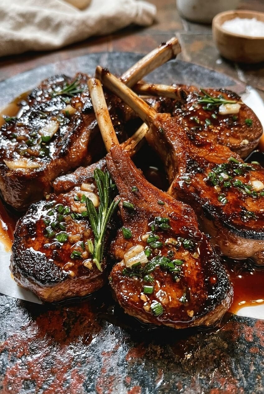 honey garlic glazed lamb chops recipe - Honey Garlic Glazed Lamb Chops served in a white bowl overhead view